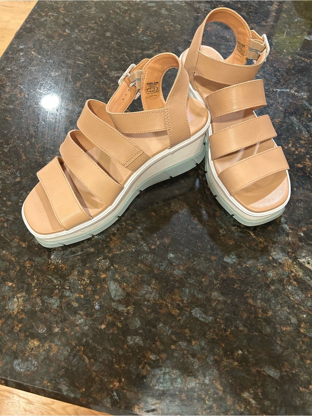 Sorel Nude/Tan Multi-Strap Platform Sandals with White Lug Sole